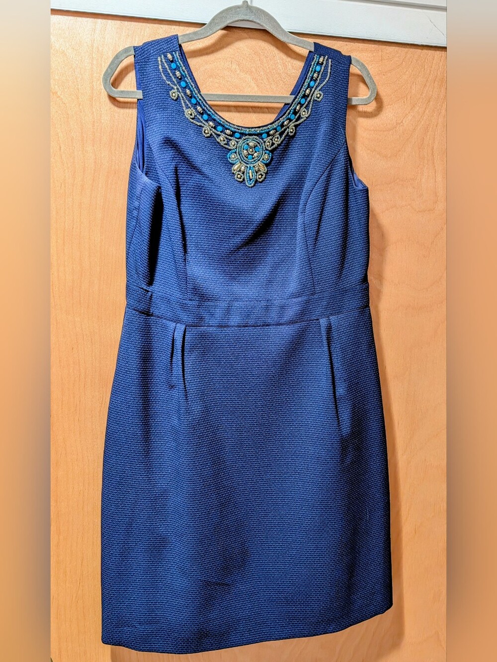 Elllen Tracy, Sleeveless Navy Embellished Neck Sheath Dress